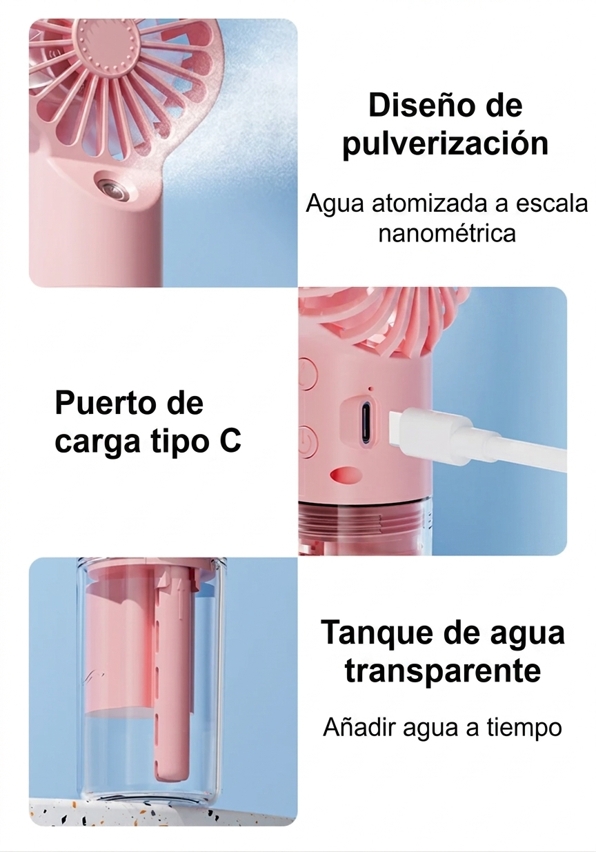 Ventilador de mano con humidificador recargable