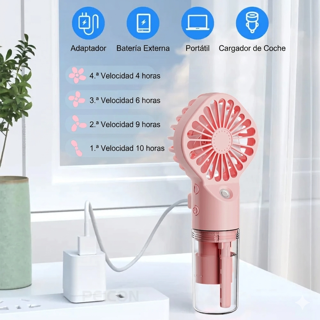 Ventilador de mano con humidificador recargable